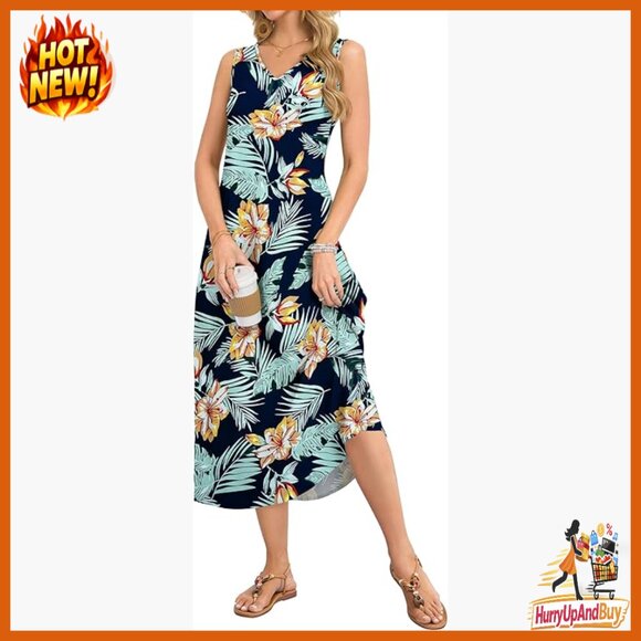 Dresses & Skirts - Sleeveless Maxi Sundress Loose Fit V Neck Casual Beach Dress with Pockets